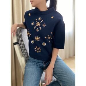 H&M Navy Sequin Beaded Crop Top XS Scuba Boho Regency